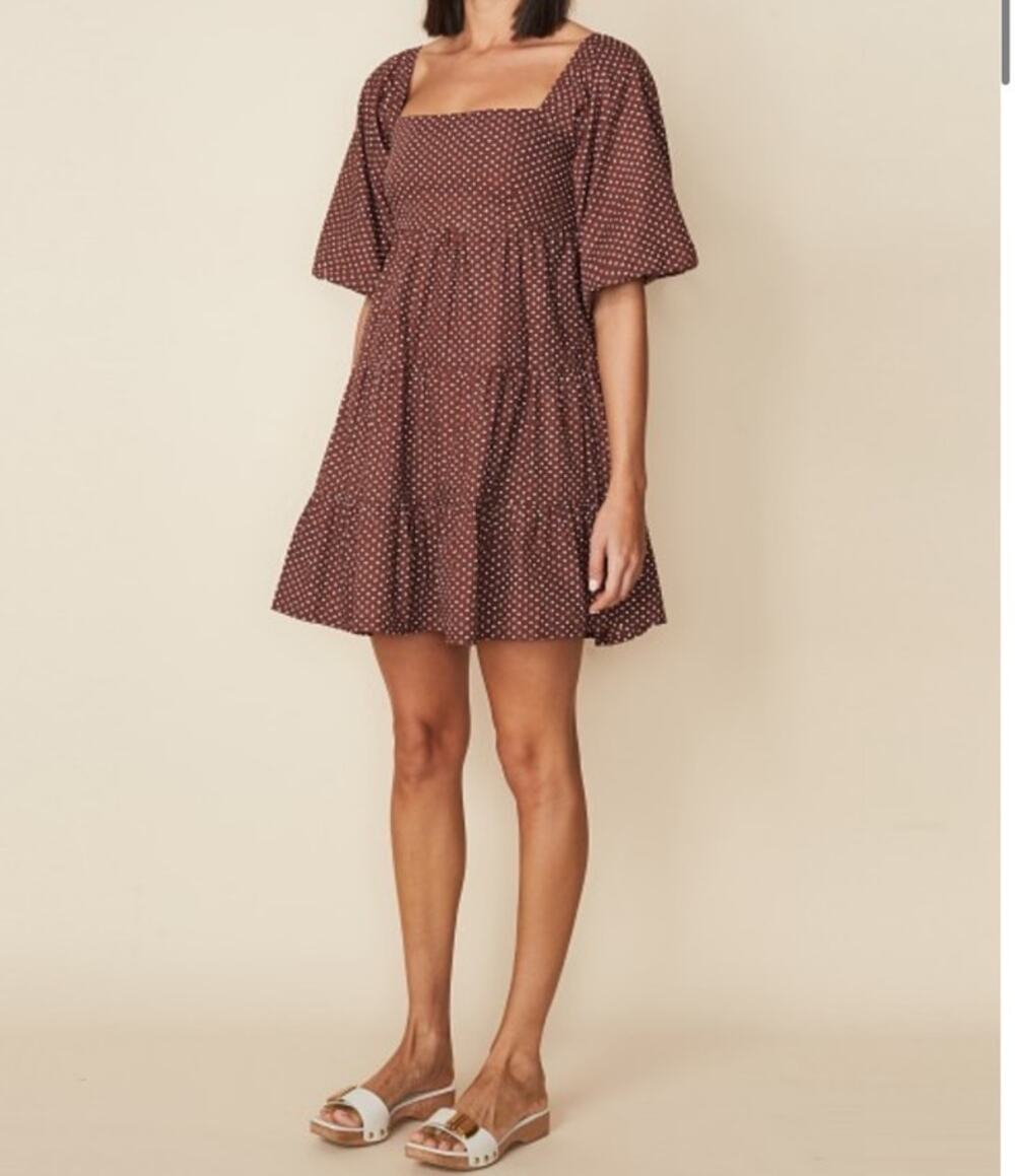 Faithfull the Brand Eryn Mini Dress Brown & White Polka Dot Puff Sleeve Sz 4